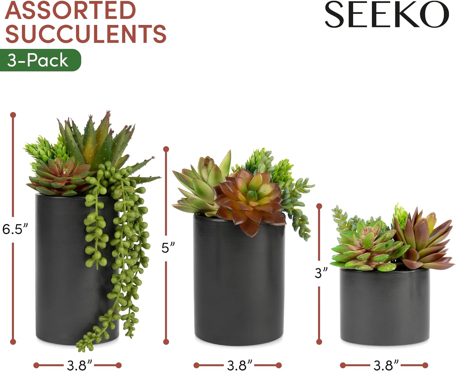 SEEKO Artificial Succulents 3 Pack with Black Pots