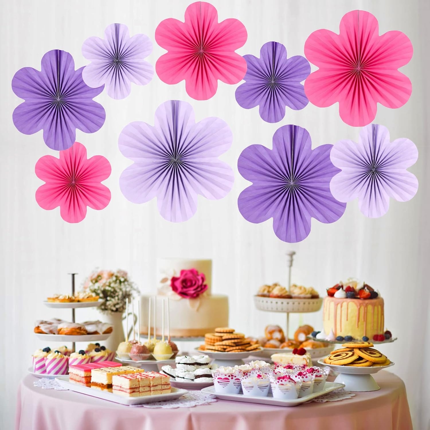 SUNBEAUTY Paper Flower Fans Set of 9 Purple Decorations