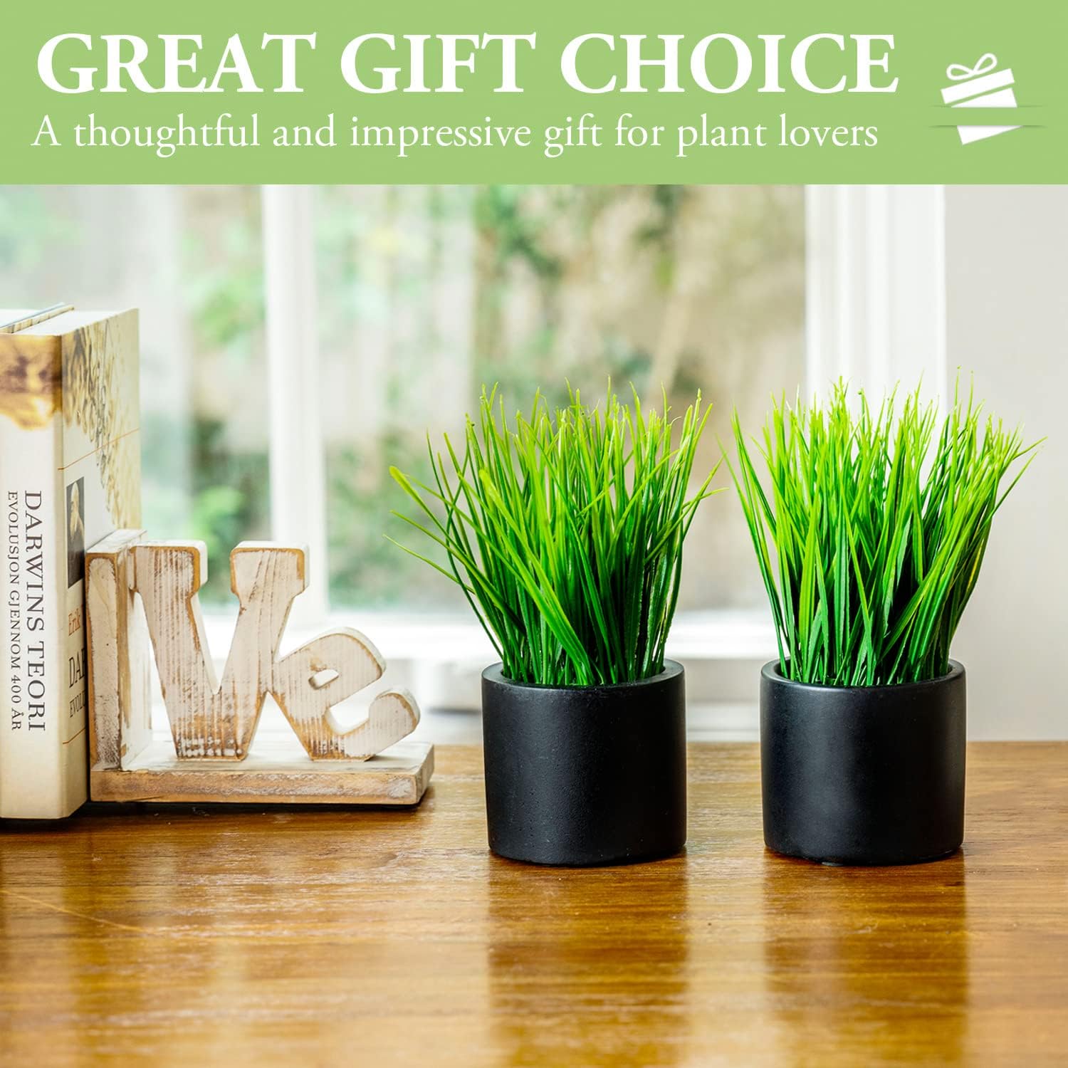 MyGift Artificial Grass Plants in Black Cement Pots Set of 2