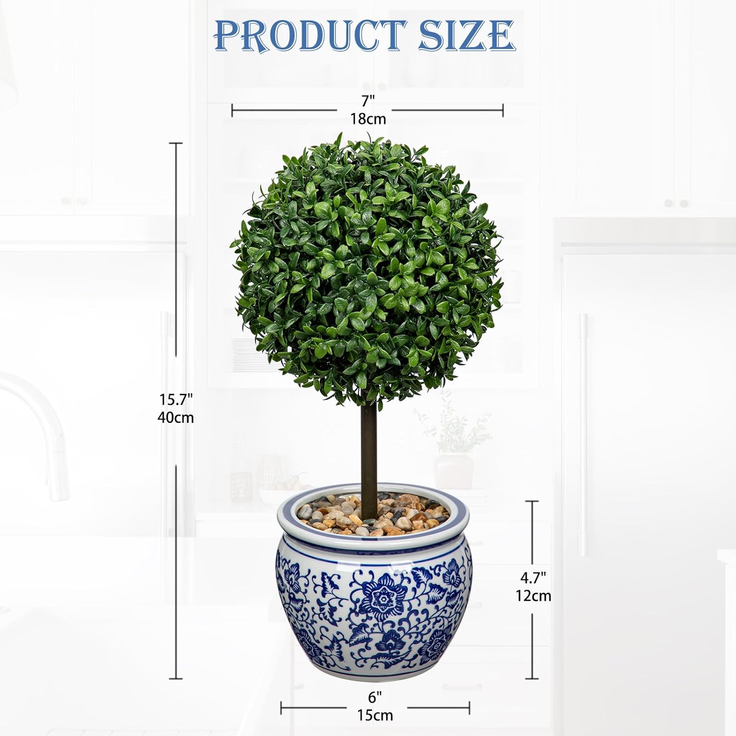 DILATATA Artificial Topiary Boxwood Ball 16 Inch Blue White Ceramic Pot