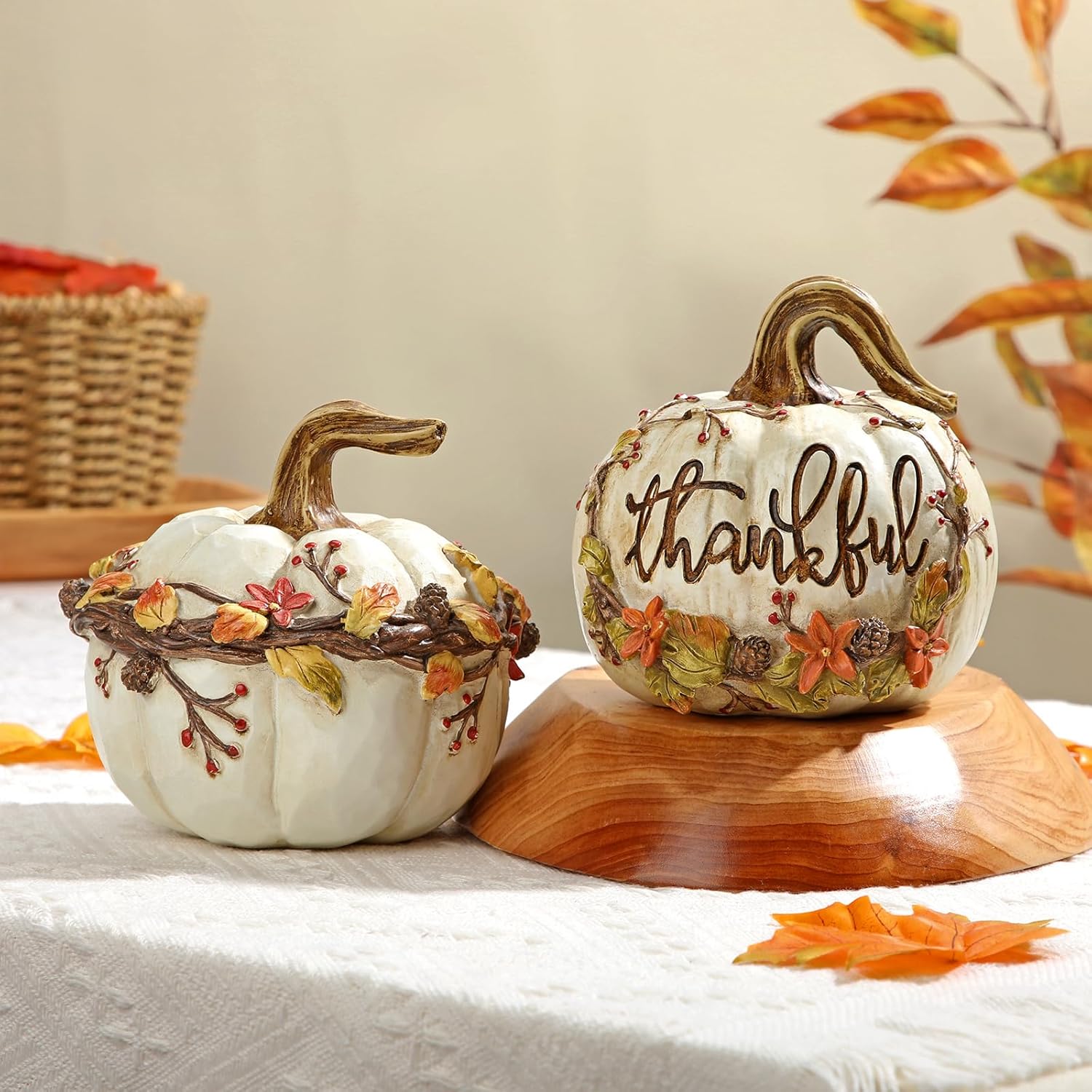 GnFlus Fall Decor 2Pcs White Resin Carved Pumpkins