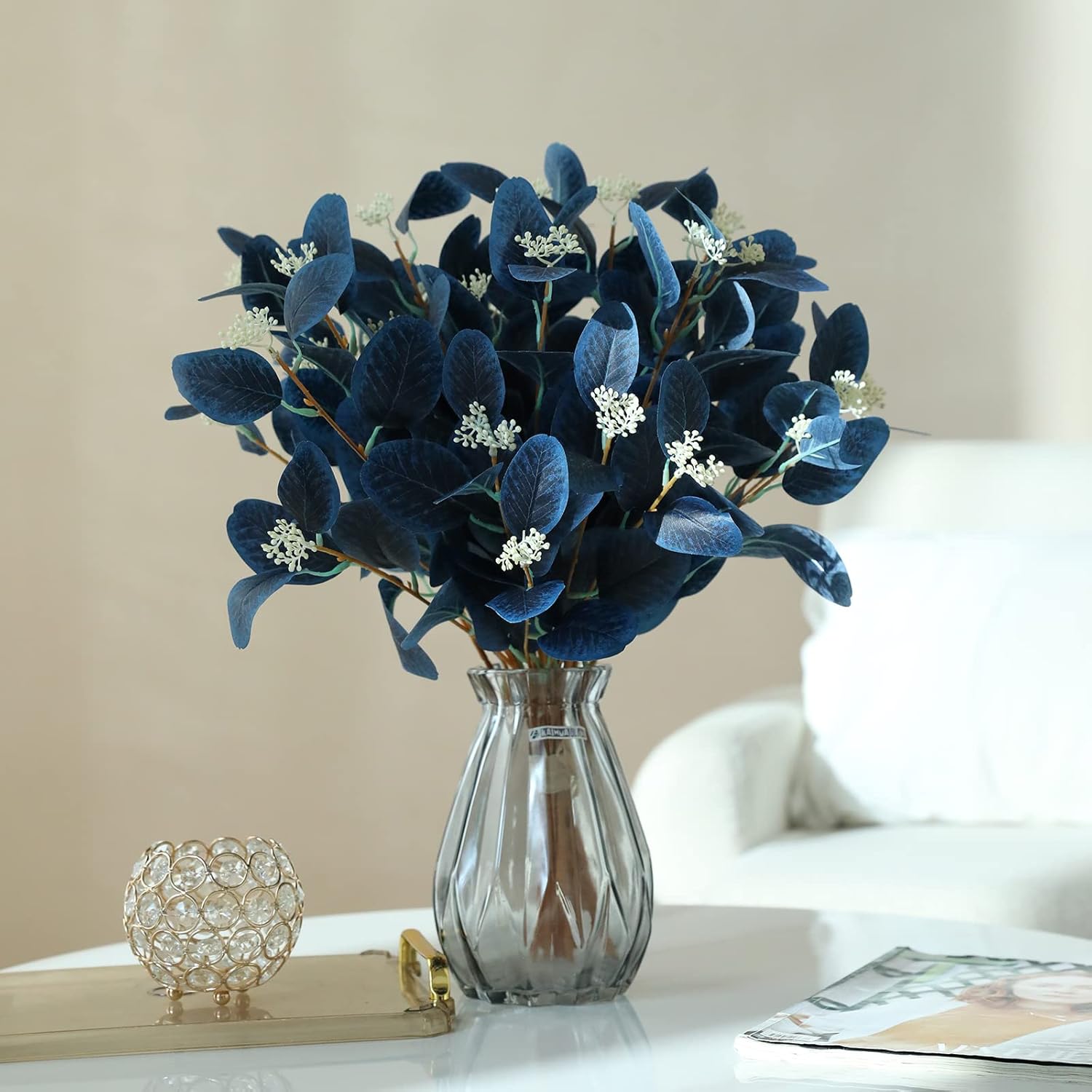 12 Pcs Artificial Eucalyptus Stems with Berries Navy Blue