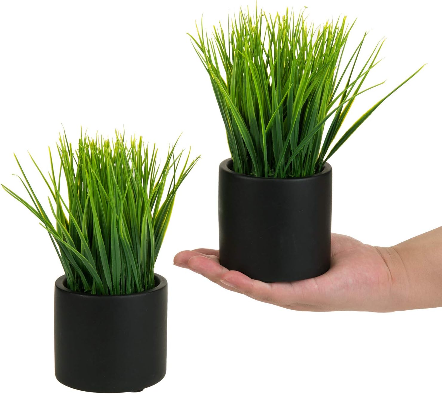 MyGift Artificial Grass Plants in Black Cement Pots Set of 2