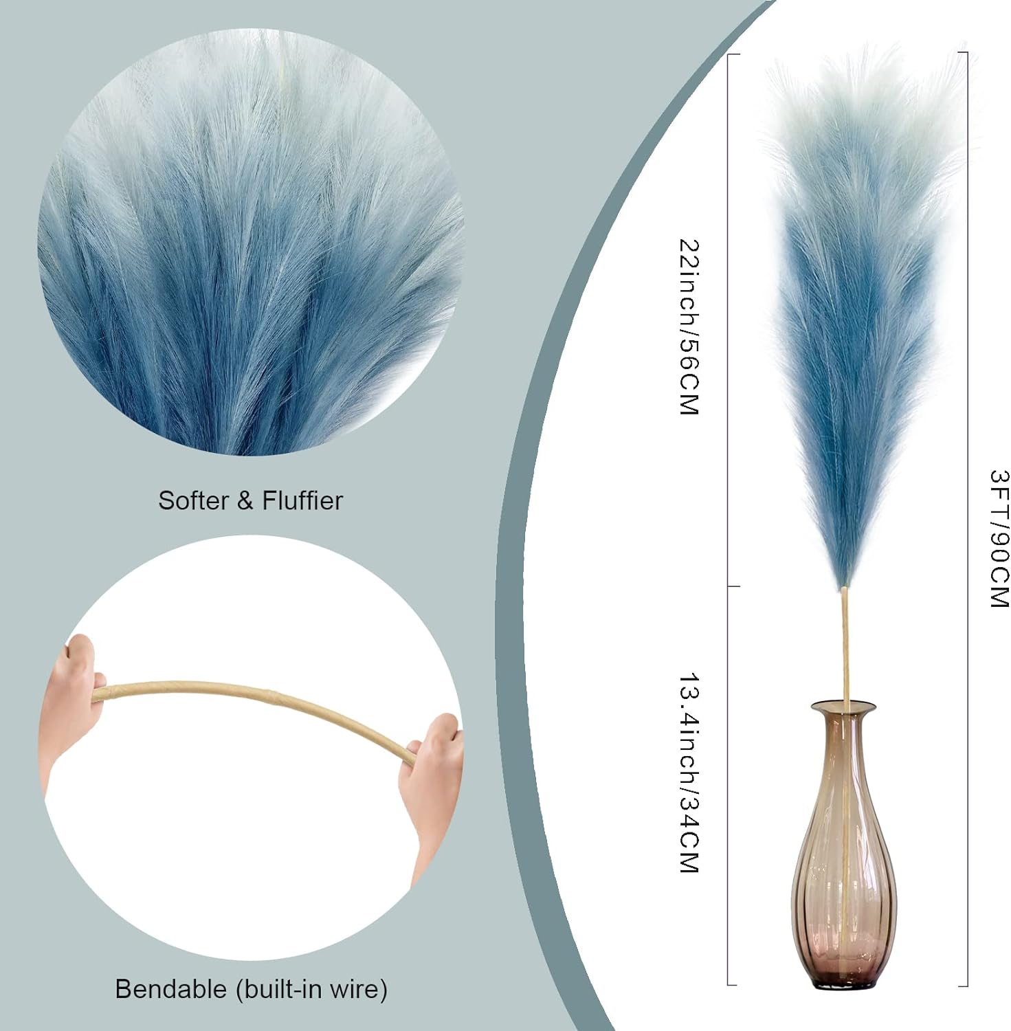 KALYLOC 8Pcs Blue Faux Pampas Grass Boho Decor