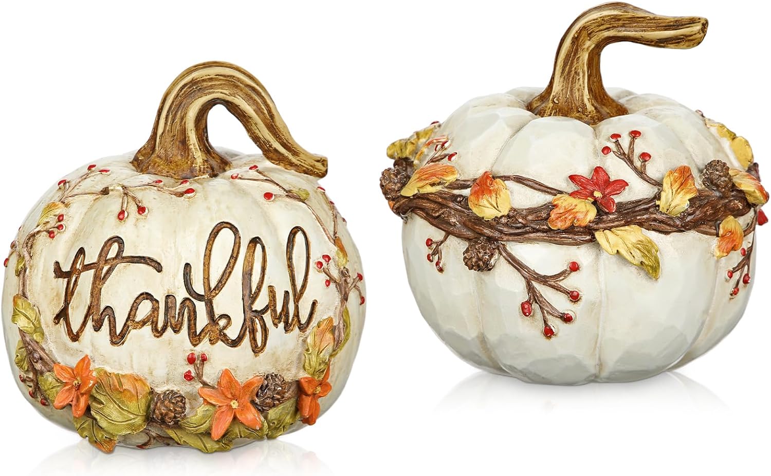 GnFlus Fall Decor 2Pcs White Resin Carved Pumpkins