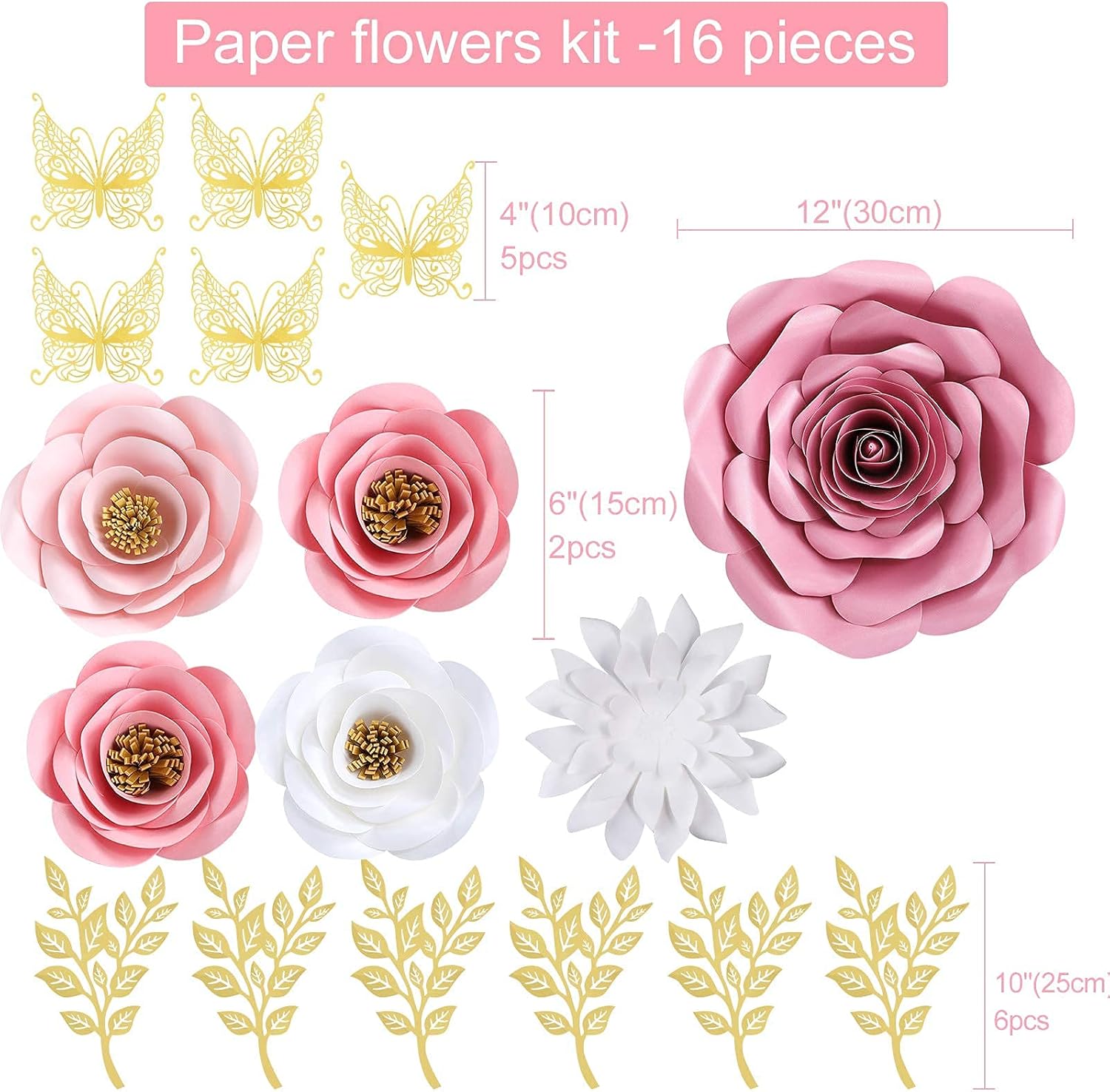 Large 3D Paper Flowers Wall Decor with Gold Butterfly Sticker