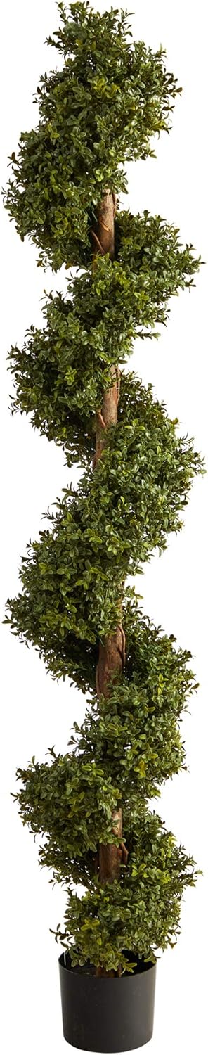 Nearly Natural 6FT Artificial Spiral Boxwood Topiary with Black Planter
