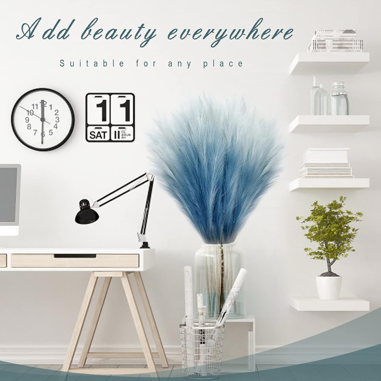 KALYLOC 8Pcs Blue Faux Pampas Grass Boho Decor