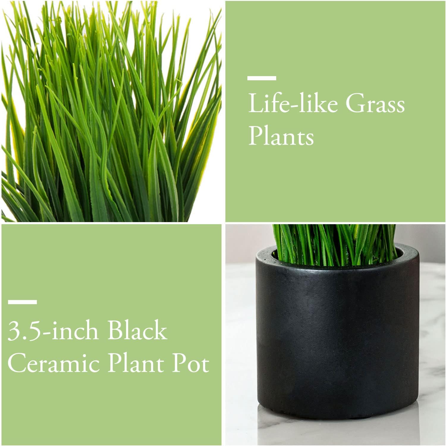 MyGift Artificial Grass Plants in Black Cement Pots Set of 2