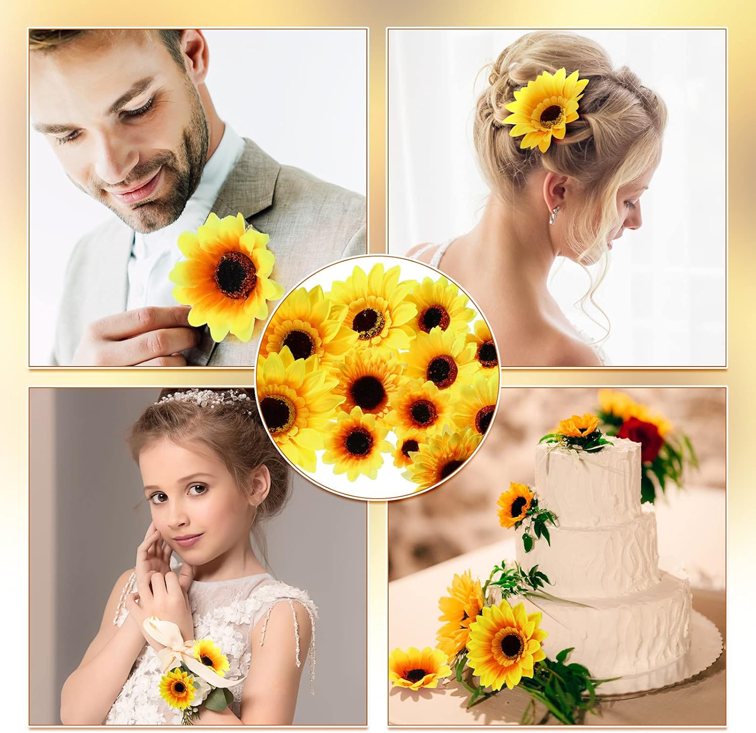 MTLEE 150 Piece Yellow Artificial Sunflower Heads