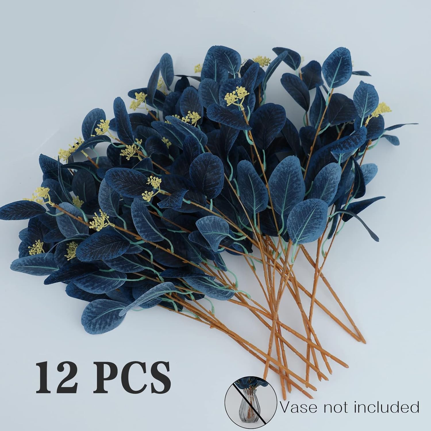 20 Inch Artificial Eucalyptus Stems with Leaves and Berries 12 Pcs Navy Blue