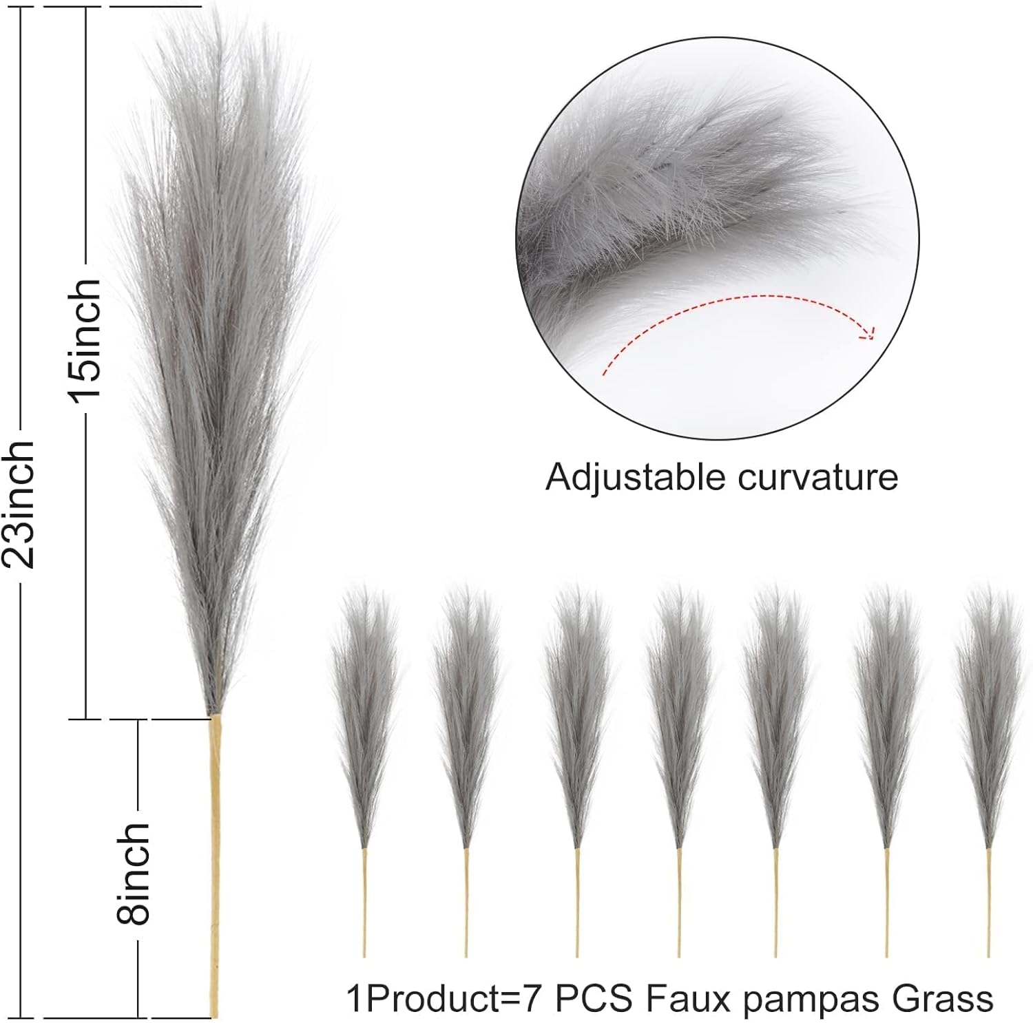 Pusuny 7PCS Gray Faux Pampas Grass Decor for Vase