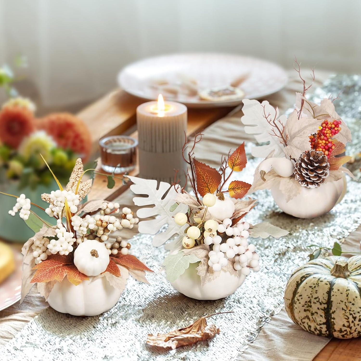 3 Pcs Artificial Pumpkin with Maple Leaf and Berries Fall Table Centerpiece
