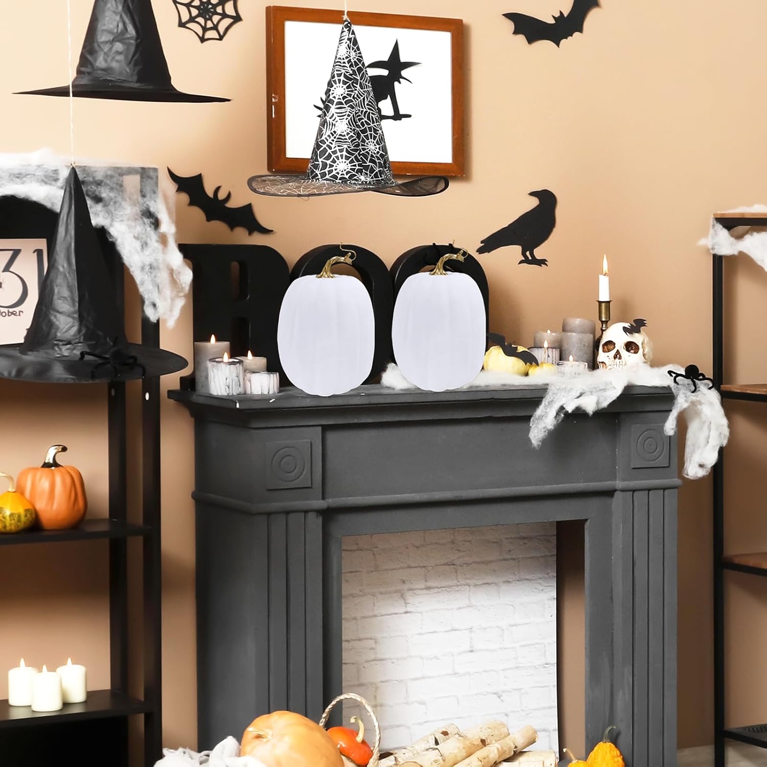 Winlyn 2 Pcs Fall White Artificial Pumpkins Decor