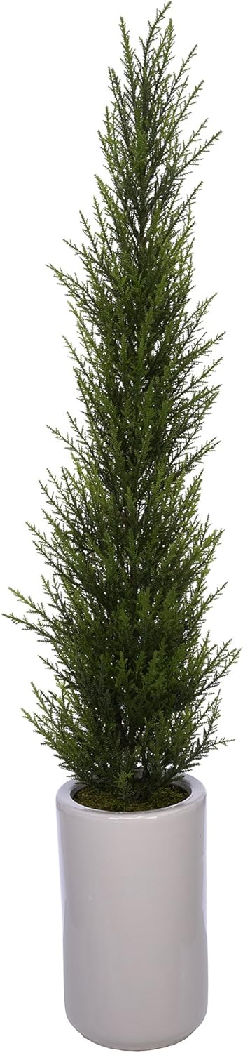 Artificial Cedar Pencil Topiary in White Ceramic Pot
