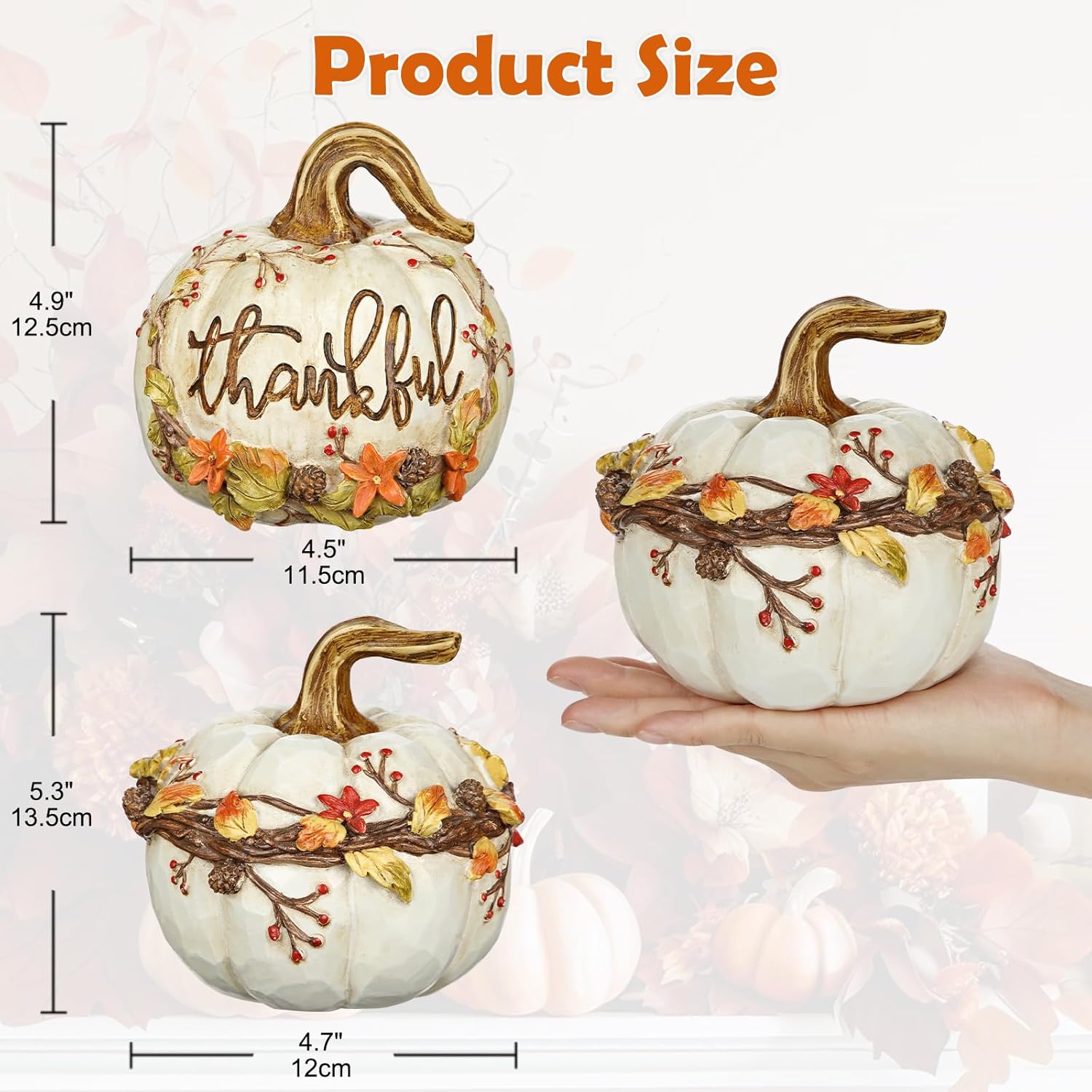 GnFlus Fall Decor 2Pcs White Resin Carved Pumpkins