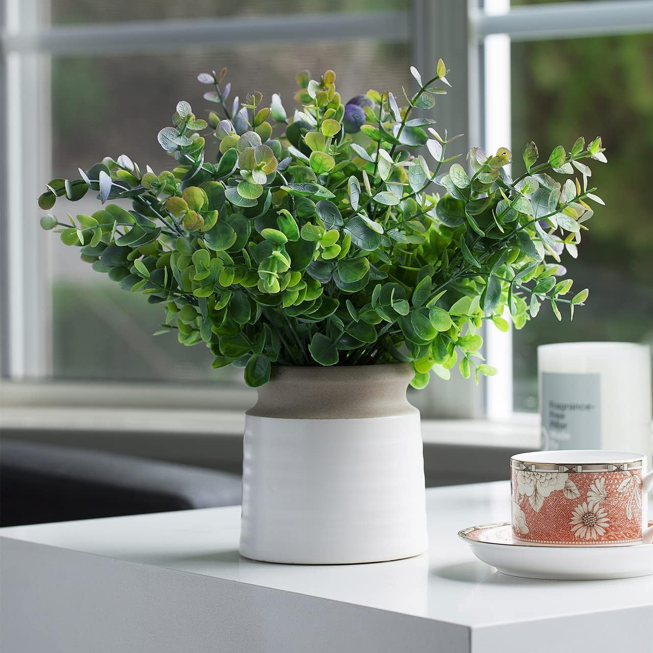 Artificial Eucalyptus Topiary in White Ceramic Pot