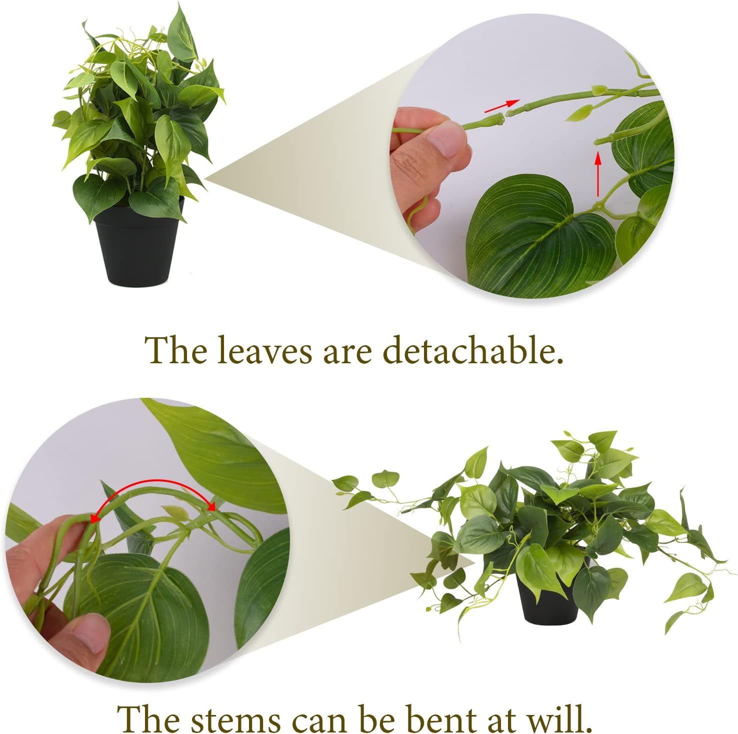 LOYWREE Artificial Pothos Plants in Black Pots - Realistic Indoor Greenery