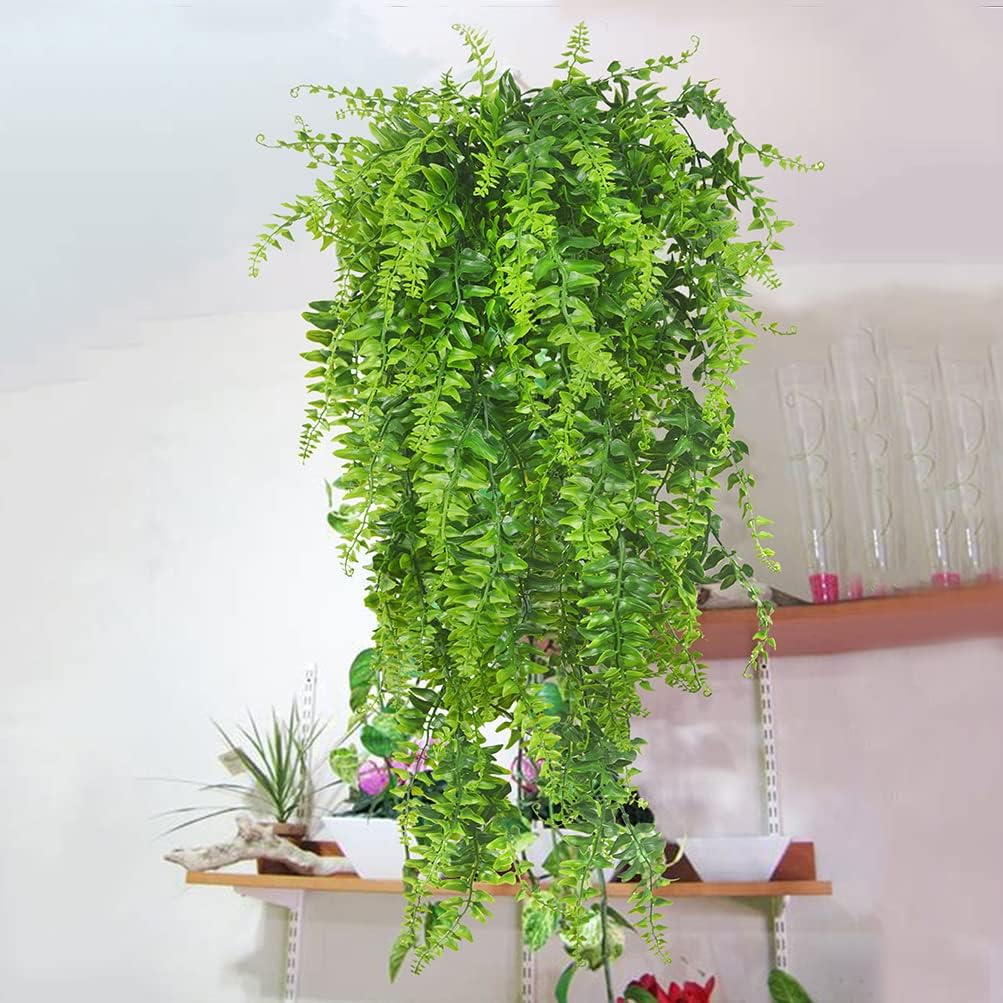 2 Pack Artificial Hanging Ferns Plants UV Resistant Green