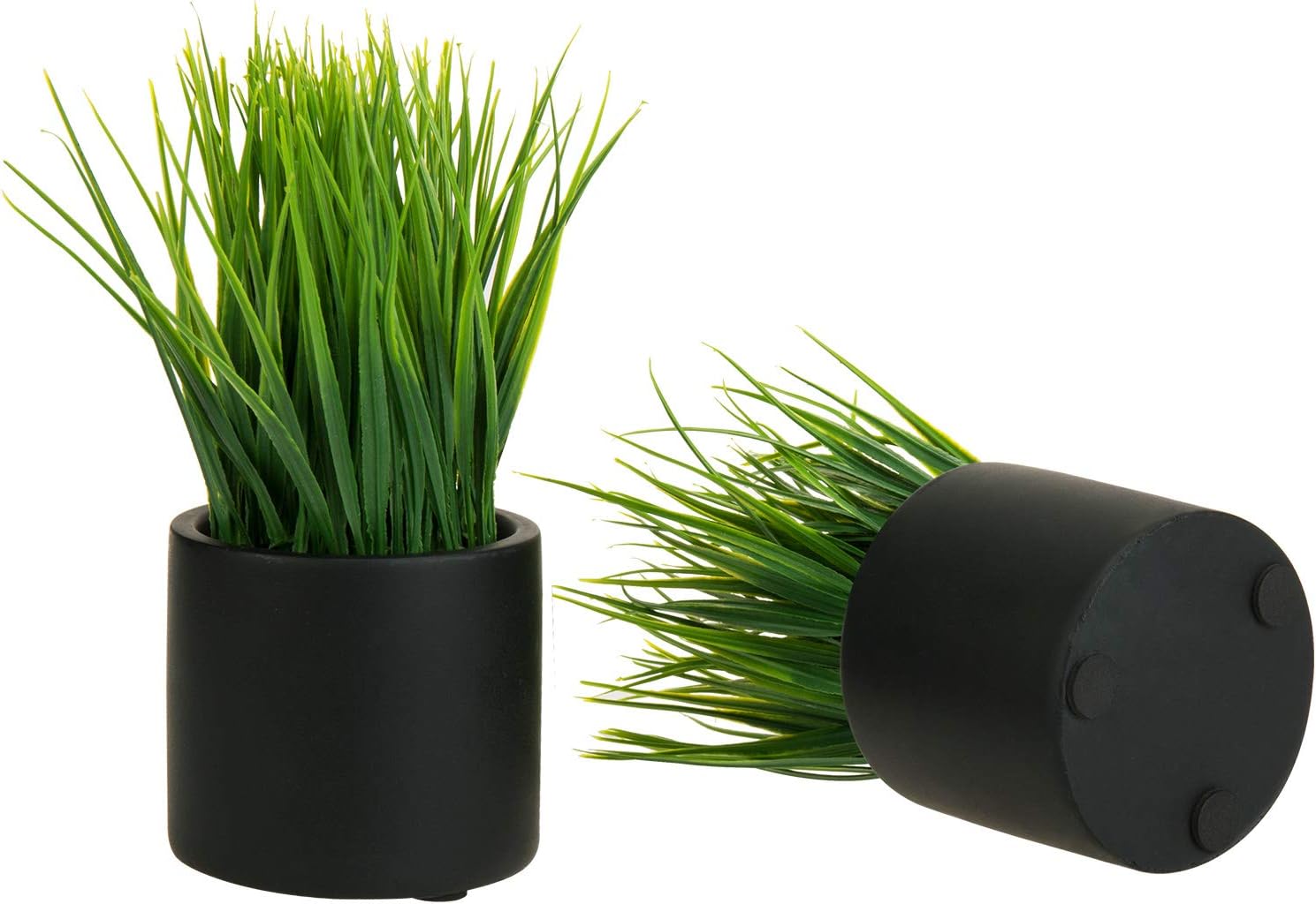 MyGift Artificial Grass Plants in Black Cement Pots Set of 2