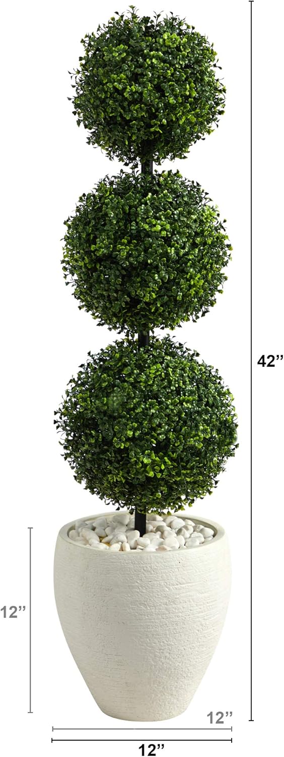 Nearly Natural 35ft Boxwood Triple Ball Topiary Artificial Tree with White Planter