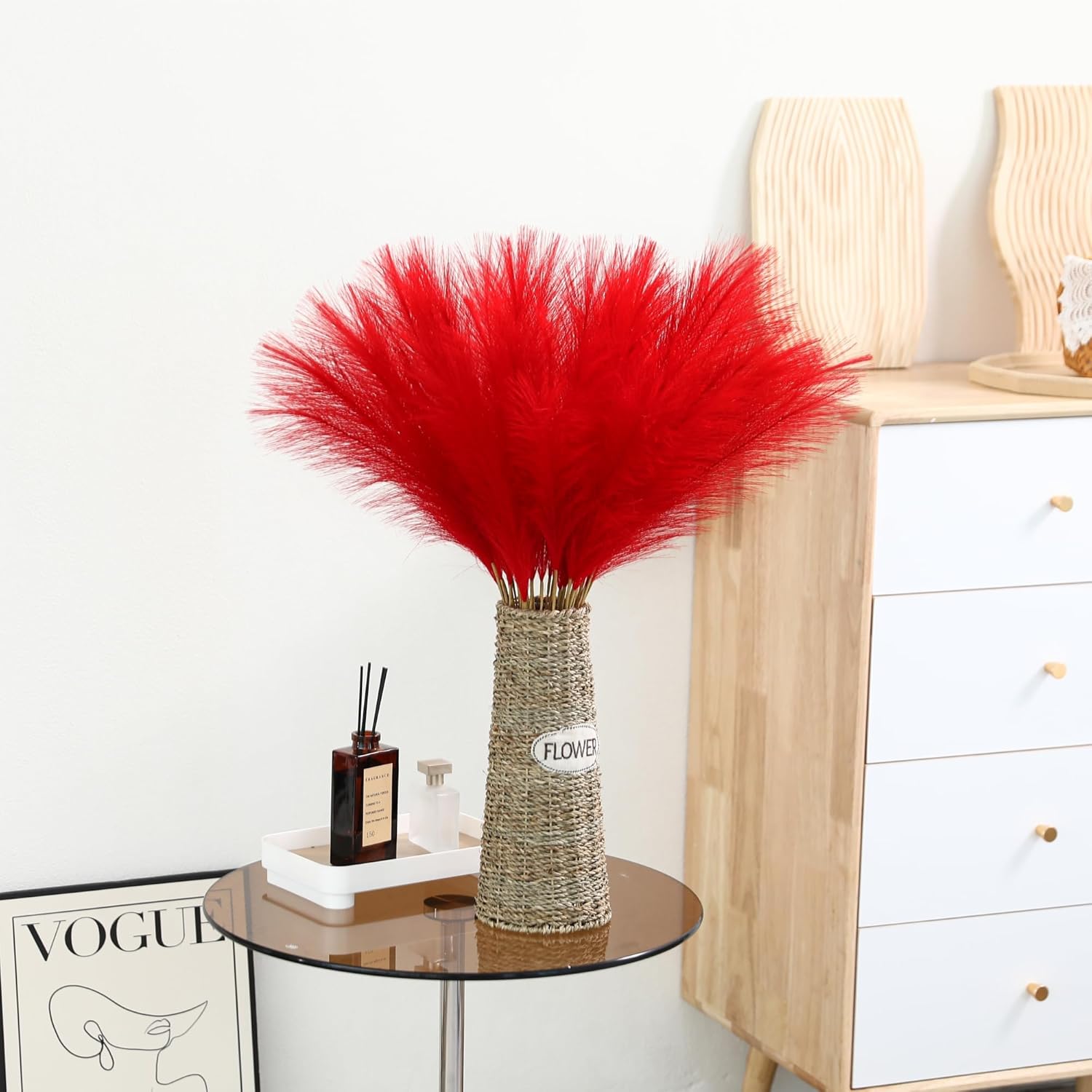 Red Pampas Grass Decor 30pcs 24 Inch Artificial Flowers