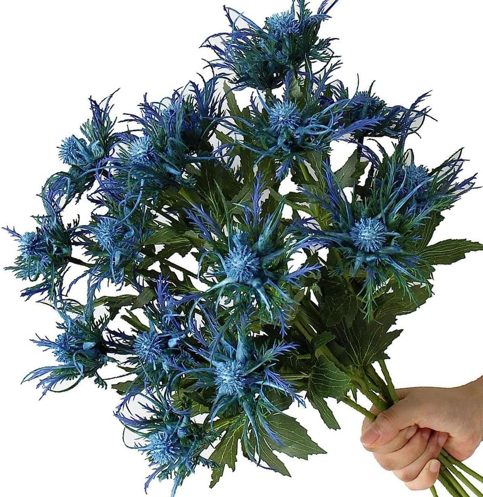 Fermus 8 Stems Artificial Blue Thistle Flowers Real Touch Decor