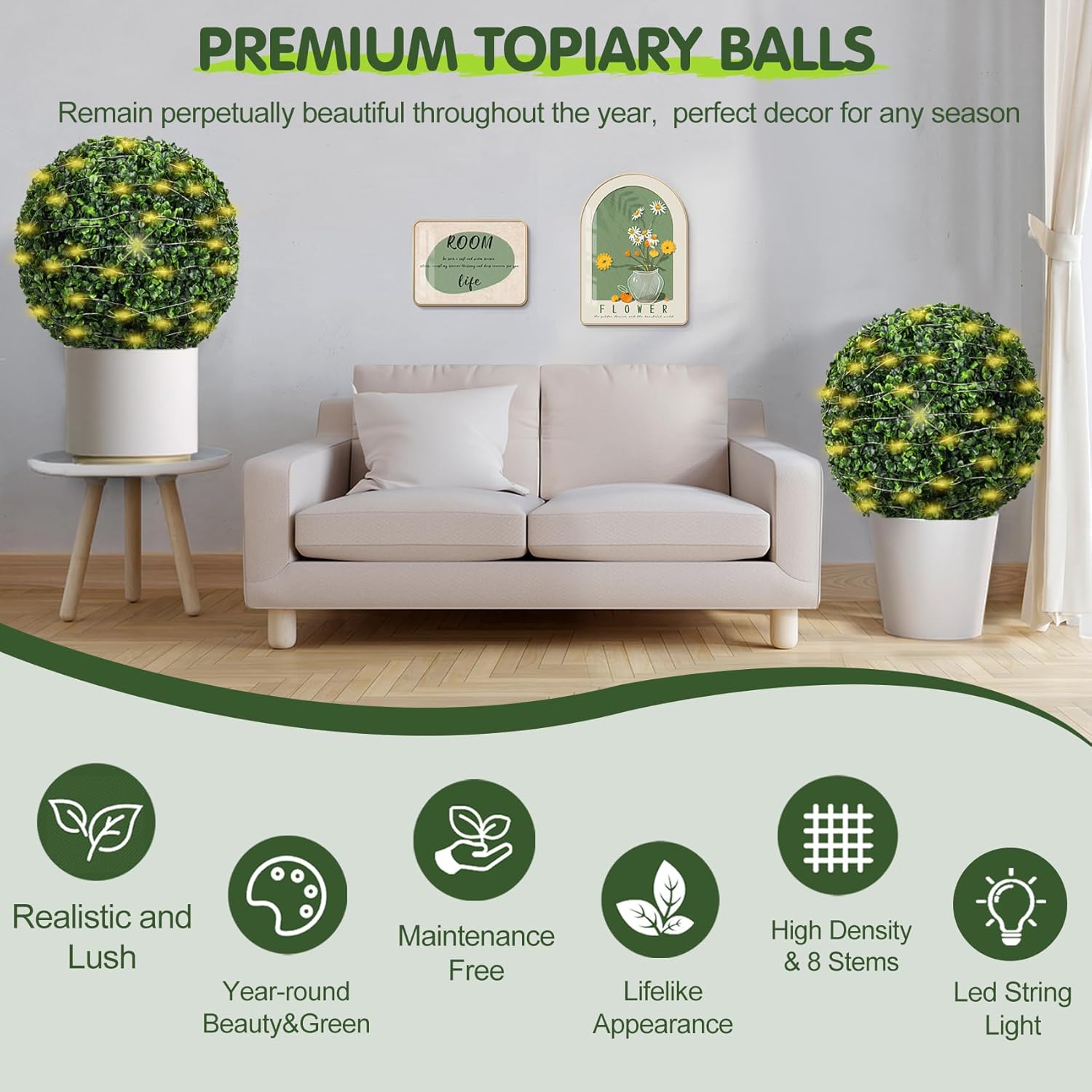 2 Pcs 19 Inch Boxwood Topiary with LED String Lights