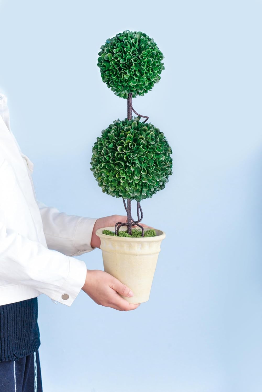 2024 22 Inch Artificial Boxwood Double Ball Topiary in White Pot