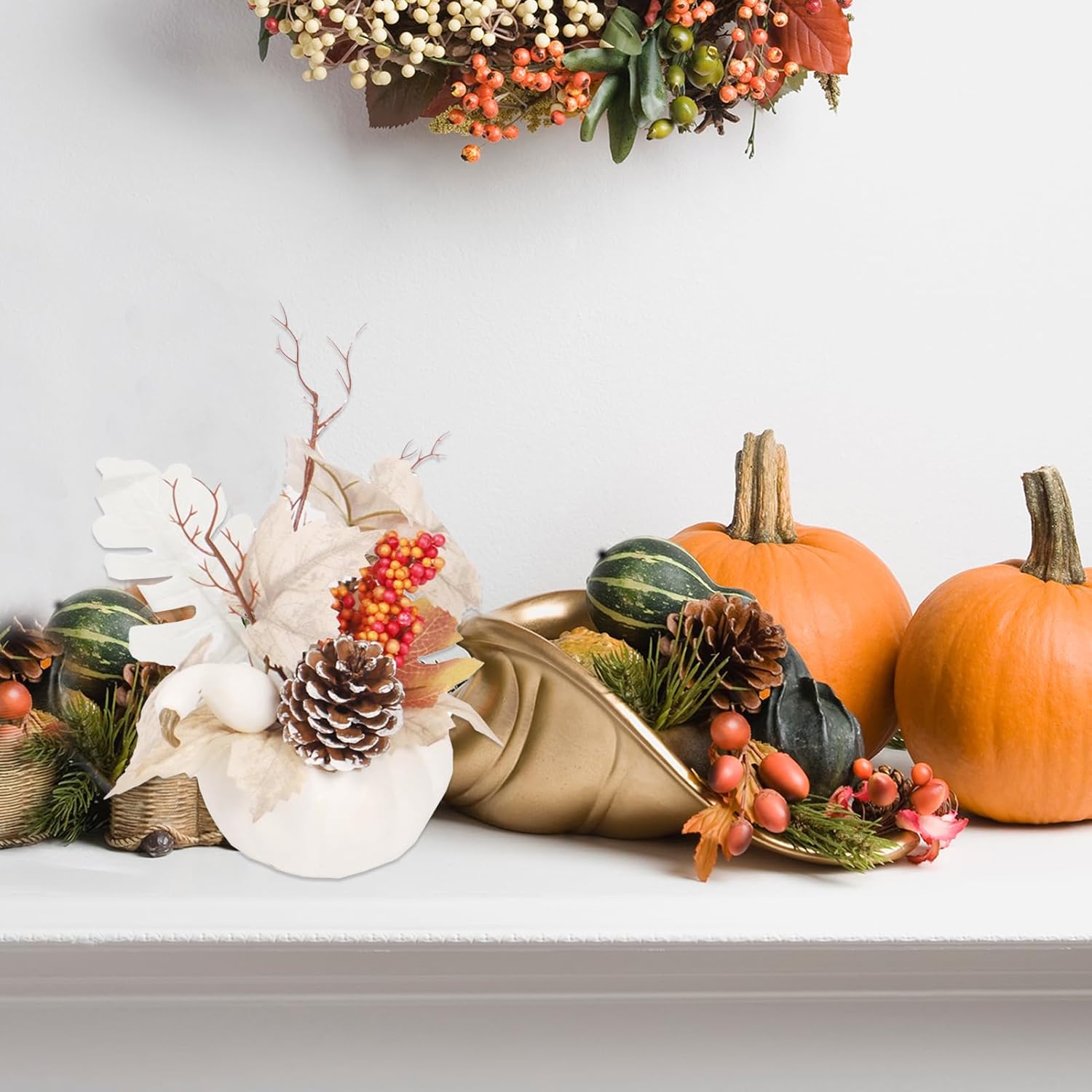 3 Pcs Artificial Pumpkin with Maple Leaf and Berries Fall Table Centerpiece