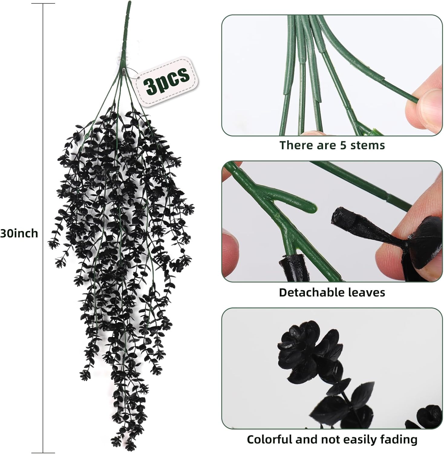 Black Artificial Hanging Plants 3-Pack UV Resistant
