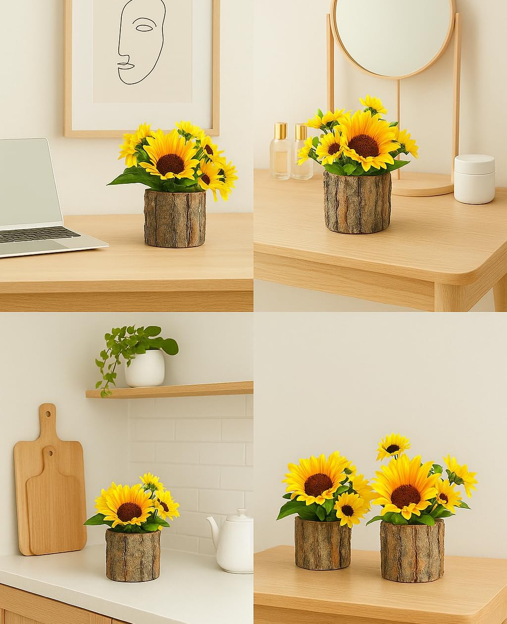 AceList Artificial Sunflowers in Rustic Bark Pots Set of 2