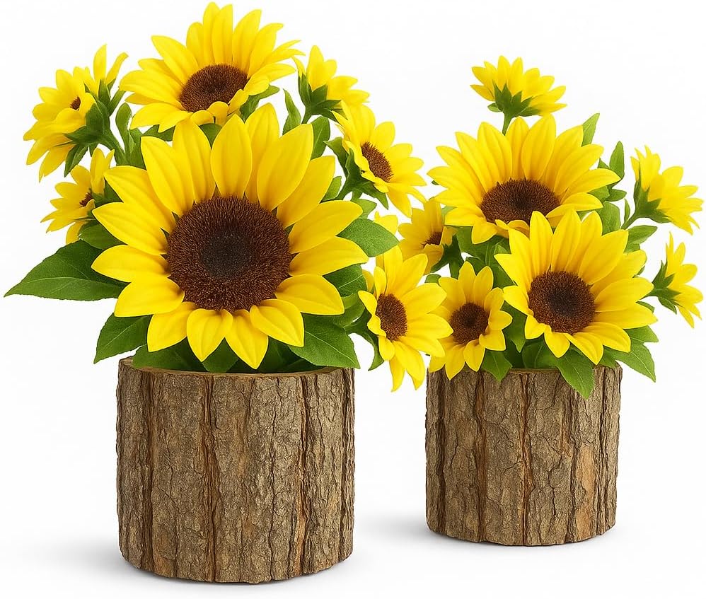 AceList Artificial Sunflowers in Rustic Bark Pots Set of 2