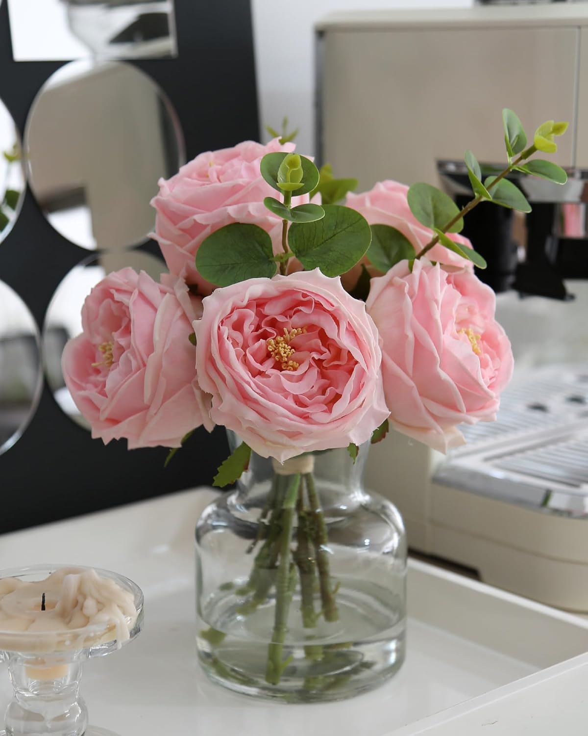 Realistic Artificial Flowers with Pink Roses in Vase