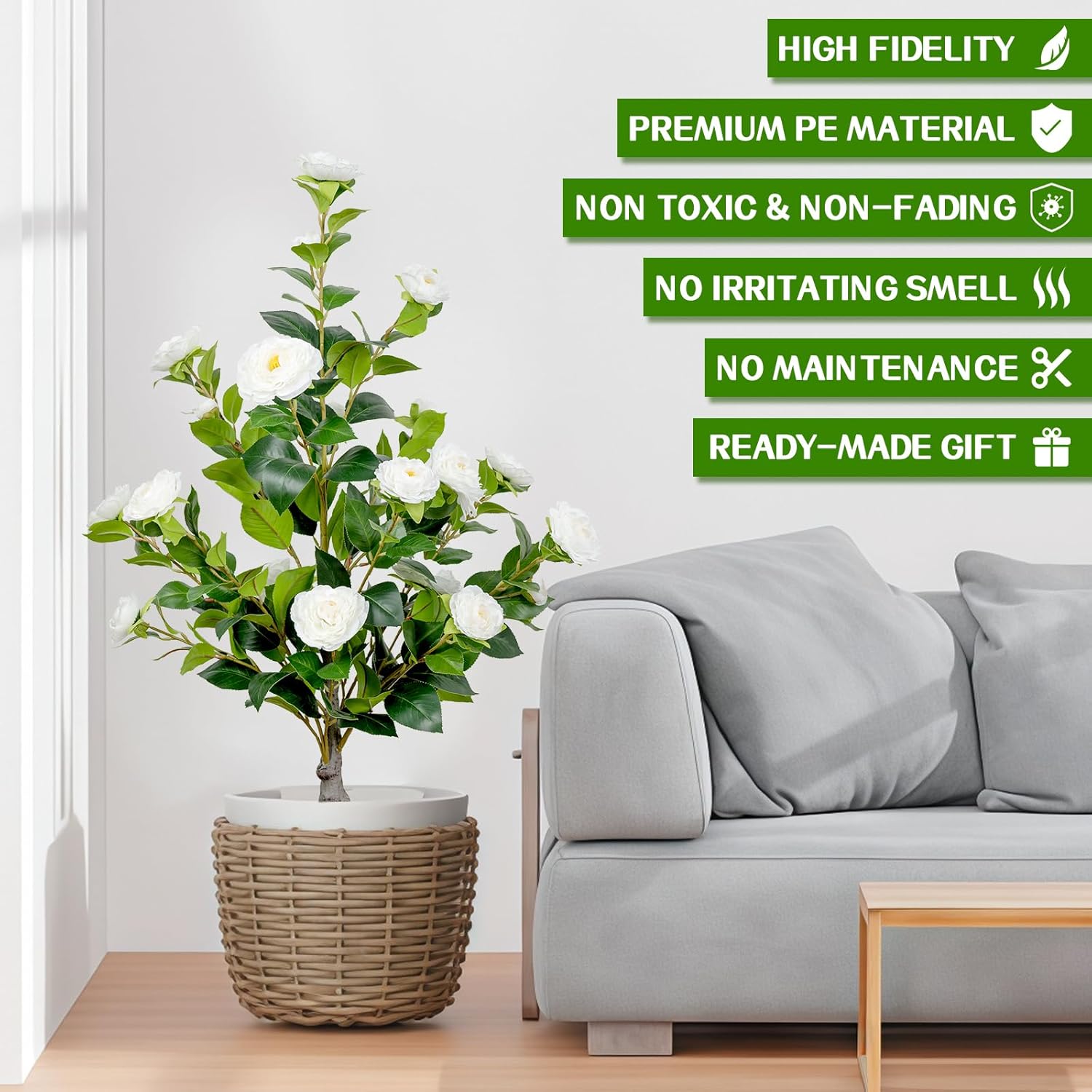 TonJin Artificial White Camellia Tree 36 Inch 2 Pack