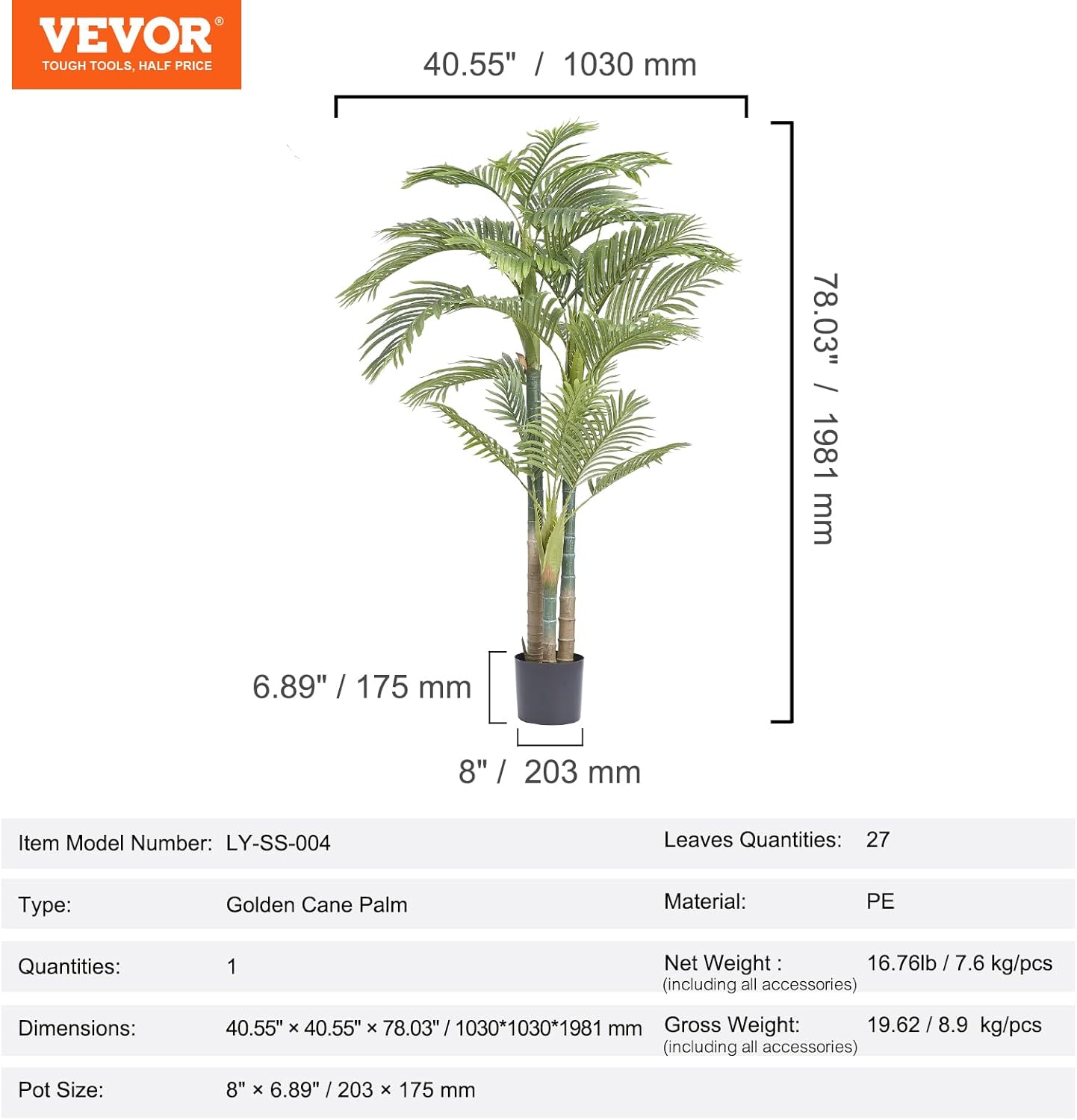 VEVOR 65 FT Artificial Golden Cane Palm Tree