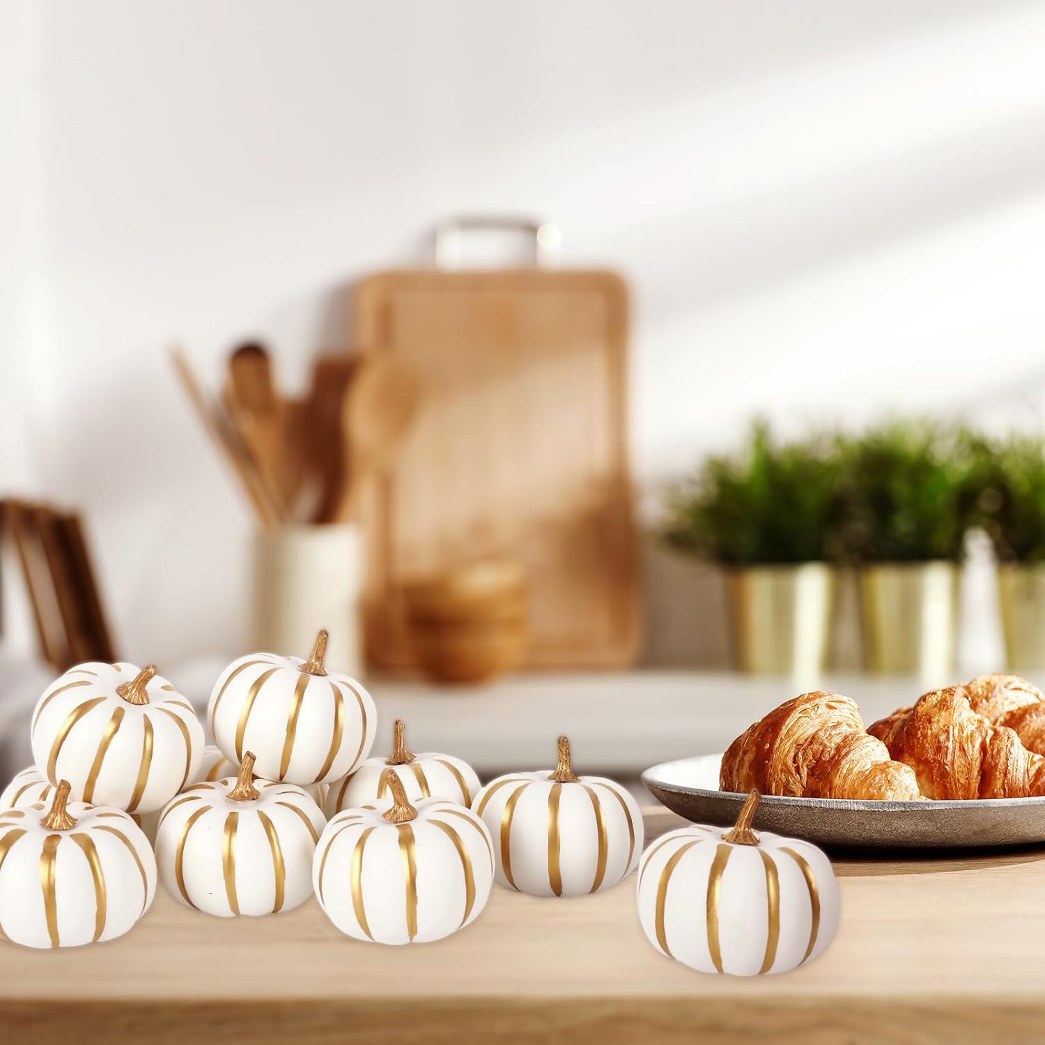 Whaline White Artificial Pumpkins 12Pcs with Gold Edges