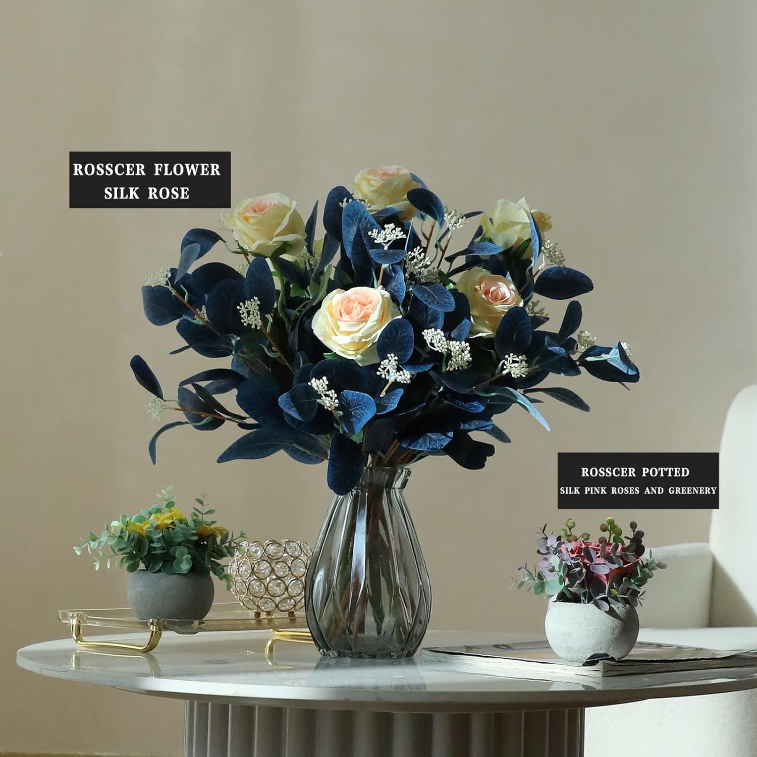 12 Pcs Artificial Eucalyptus Stems with Berries Navy Blue
