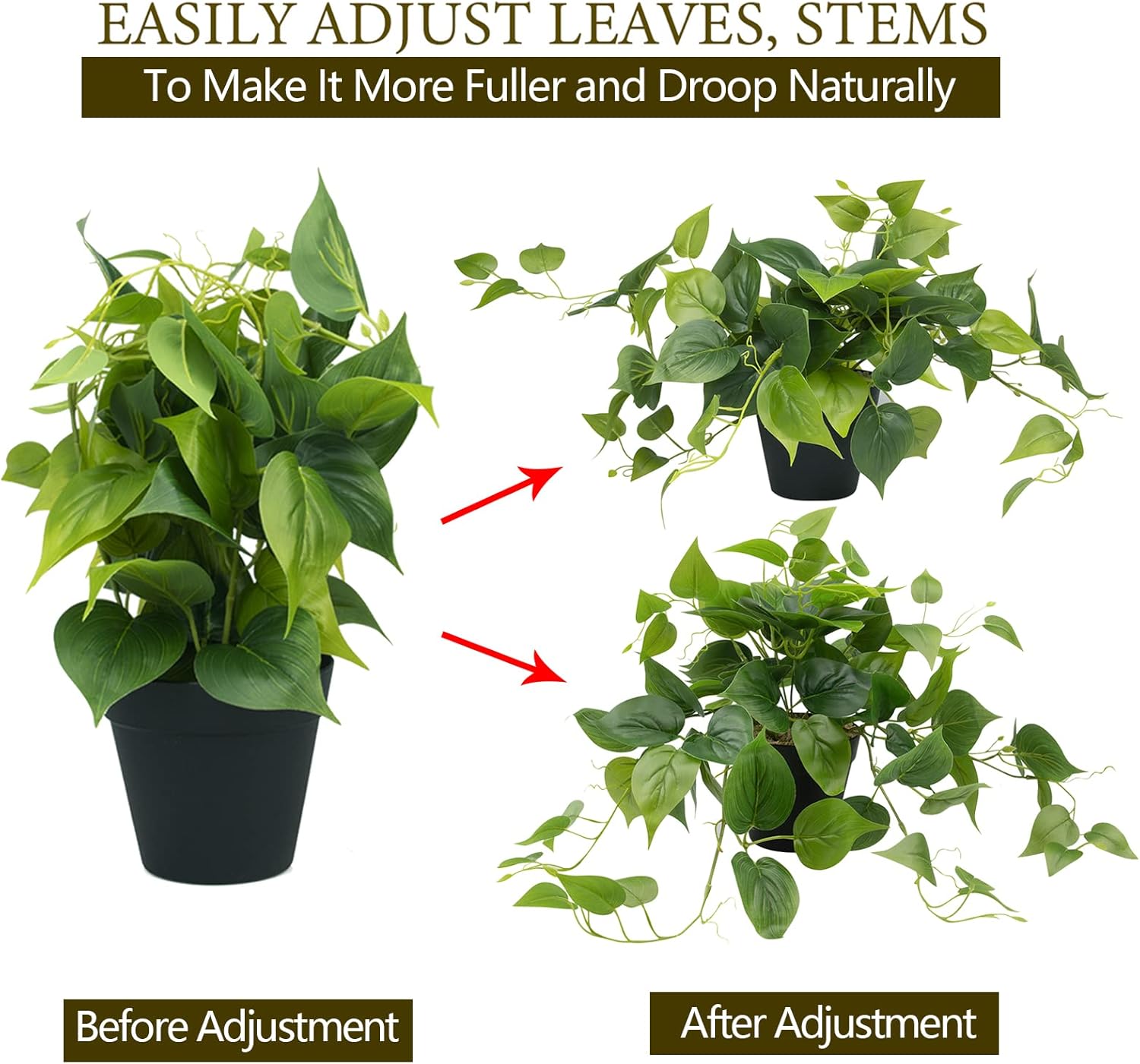 LOYWREE Artificial Pothos Plants in Black Pots - Realistic Indoor Greenery