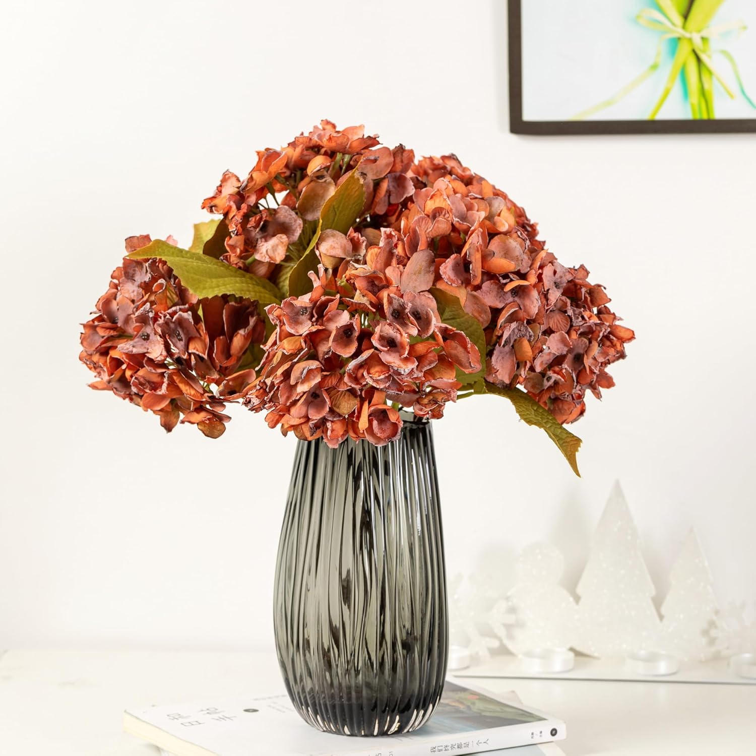 TOPIA Fall Hydrangea Artificial Silk Flowers Bouquet 6 PCS Orange