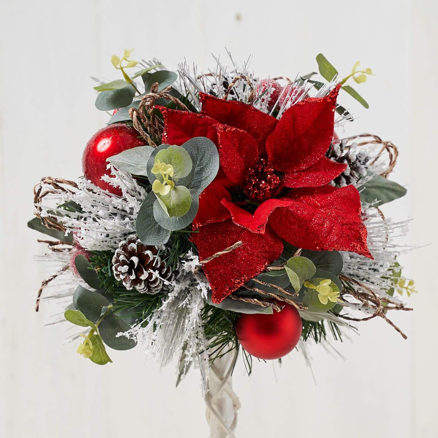 Christmas Topiary with Red Poinsettias and Buffalo Check Ribbon