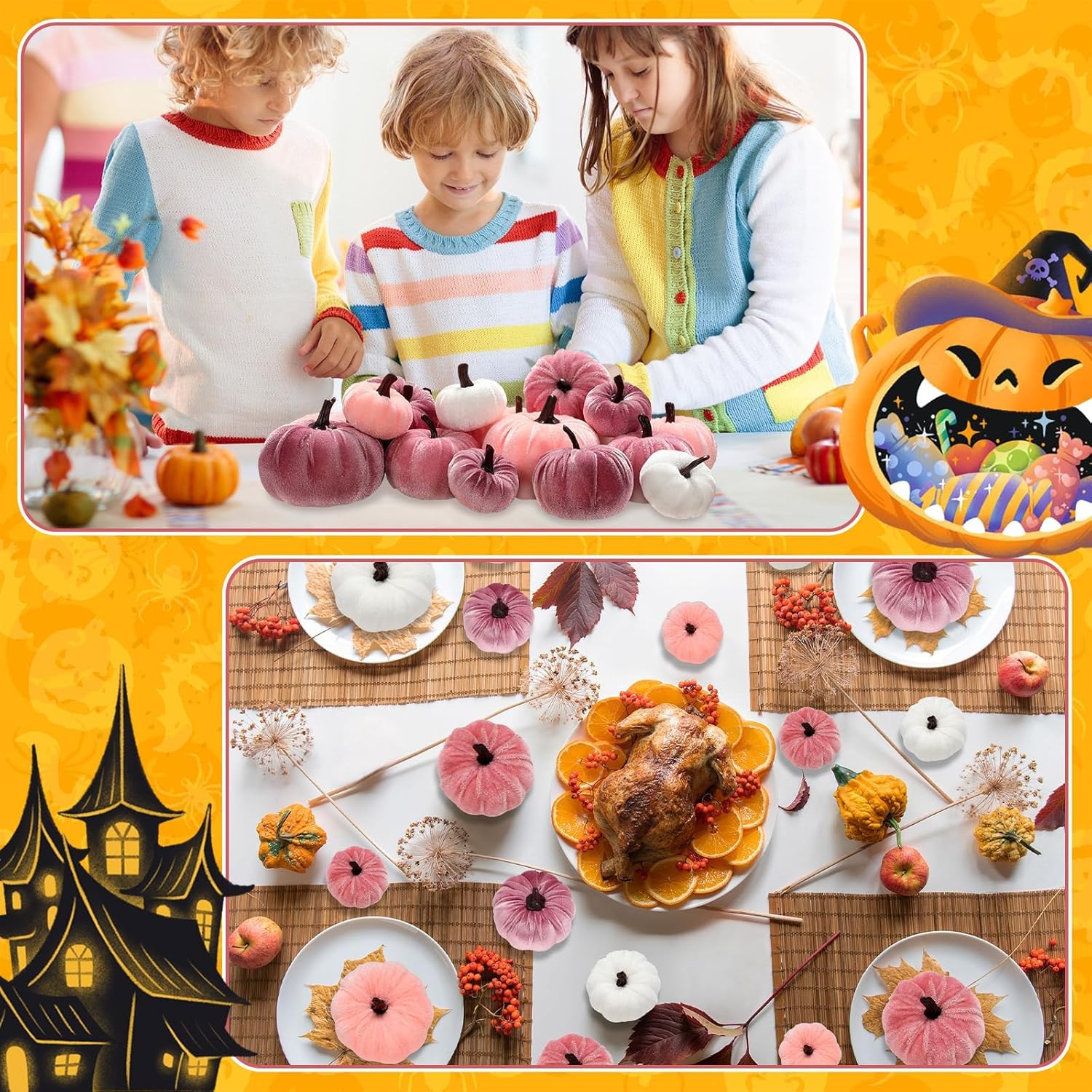 18Pcs Fall Velvet Pumpkin Decor Set for Halloween Thanksgiving