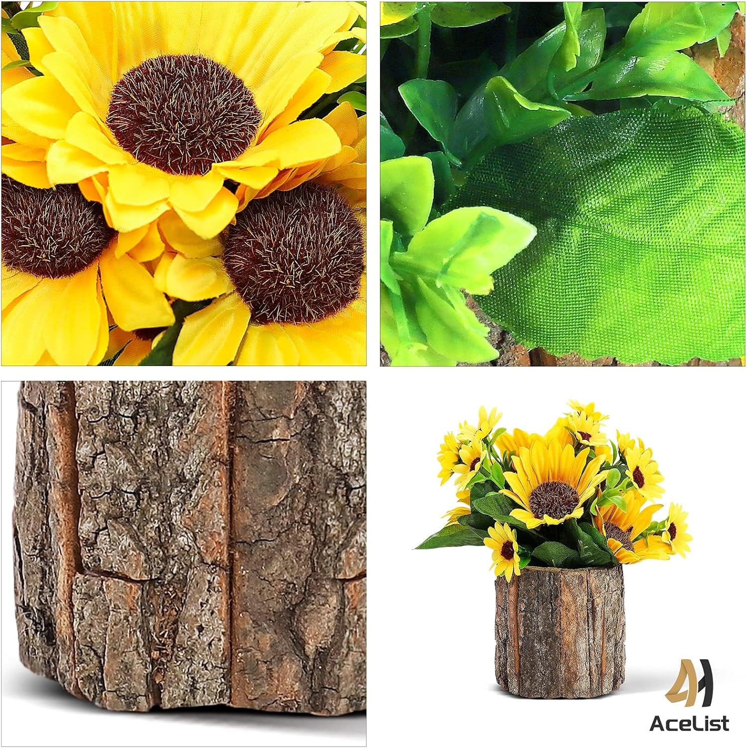 AceList Artificial Sunflowers in Rustic Bark Pots Set of 2