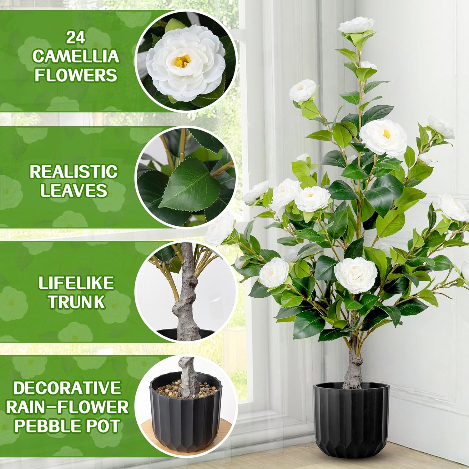 TonJin Artificial White Camellia Tree 36 Inch 2 Pack