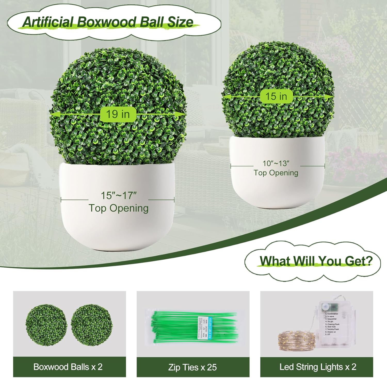 2 Pcs 19 Inch Boxwood Topiary with LED String Lights