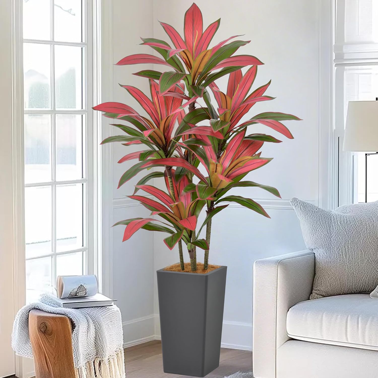 Artificial Red Dracaena Tree 5FT with Gray Tall Planter