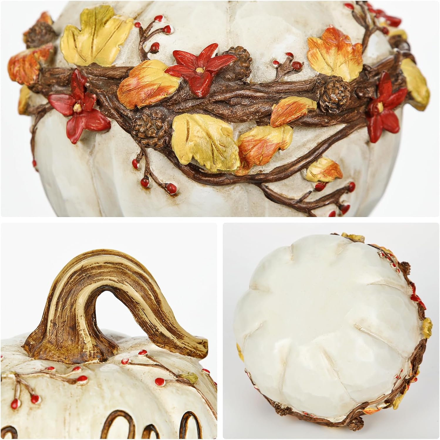 GnFlus Fall Decor 2Pcs White Resin Carved Pumpkins
