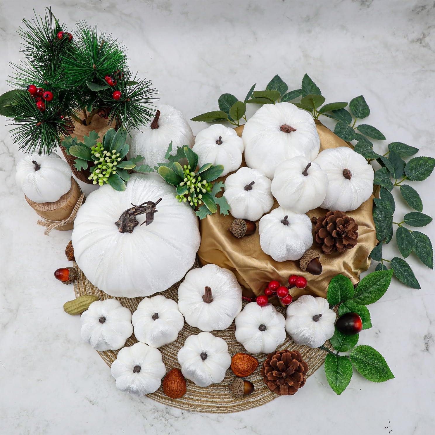 Woration Artificial Pumpkin Set 16pcs Velvet Fabric Fall Decor