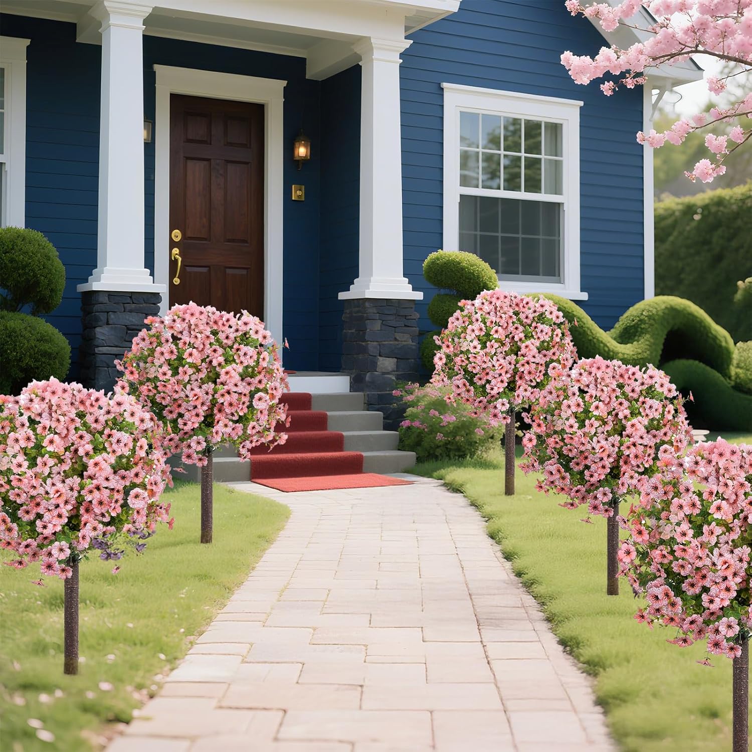 36 Artificial Boxwood Topiary Ball Tree with Violet Flowers 2Pack Pink