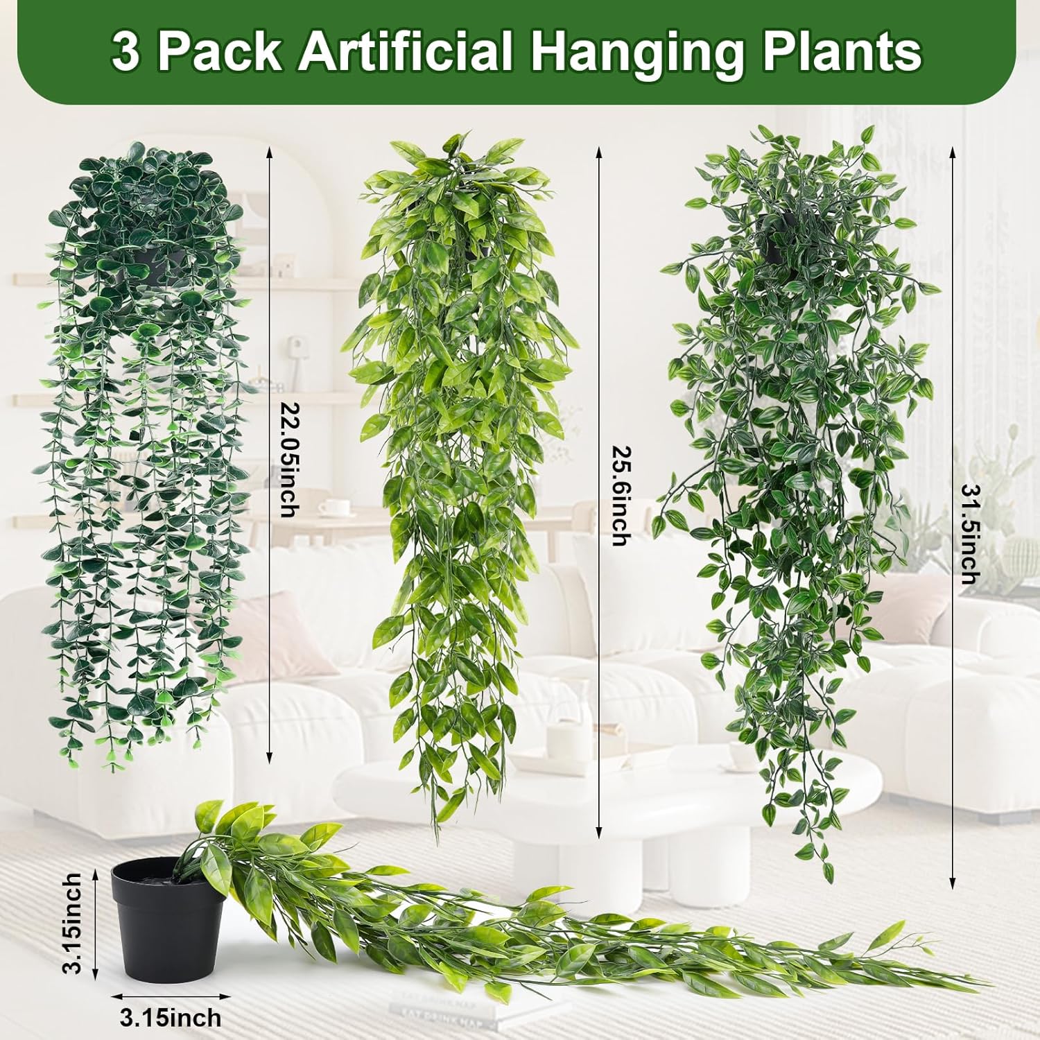 Artificial Hanging Plants 3 Pack for Wall Decor